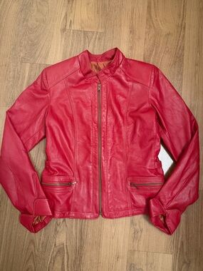 Red Genuine Leather Jacket with Belt Detail - Nativo
